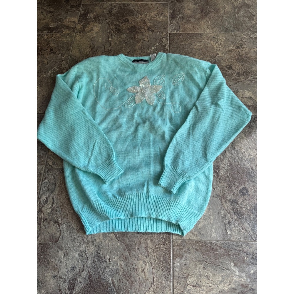 Vintage Bramble Lane Knit‎ Sweater Aqua Blue Flower Applique Womens Large Beaded